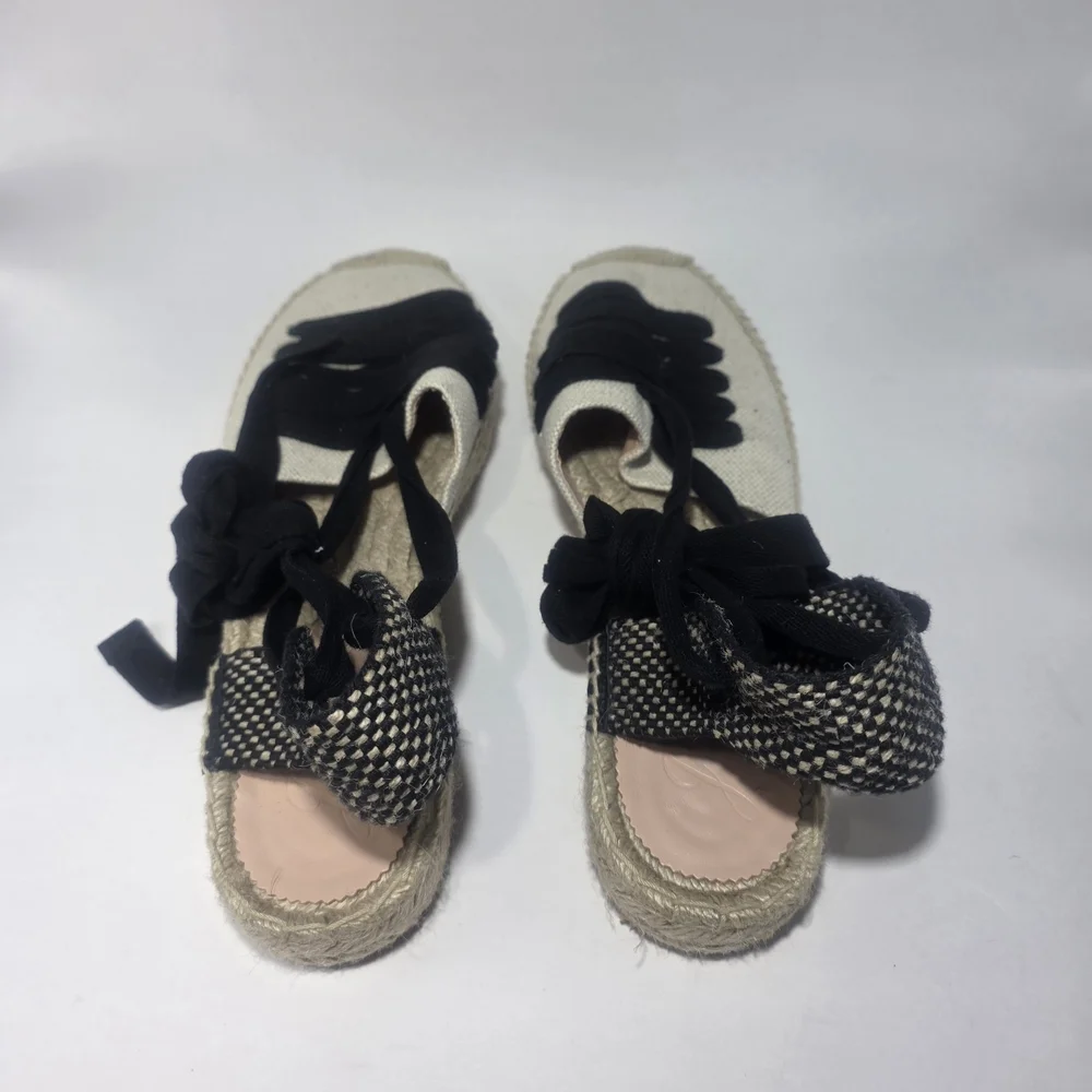 J.Crew Espadrille Lace Up Sandals Beige Black Size 11 New Without Box